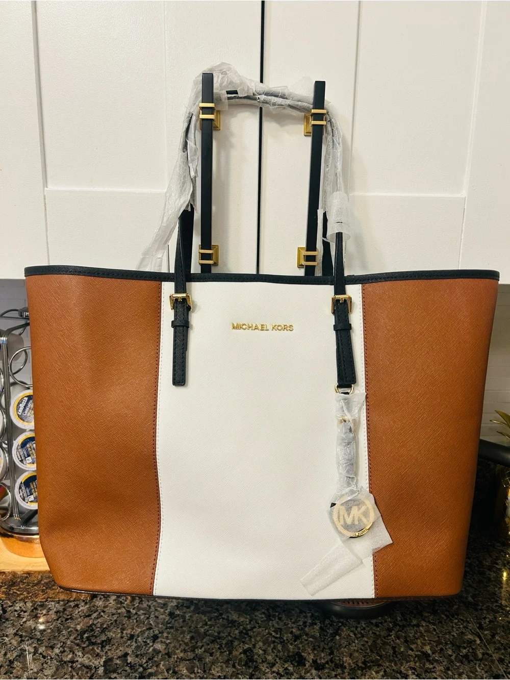 Michael Kors Two-Tone Saffiano Leather Tote in Brown, White and Black Trim